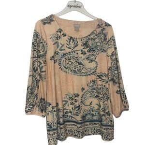 New Chico’s Pink Blue Paisley 3 Quarter Sleeve Top
